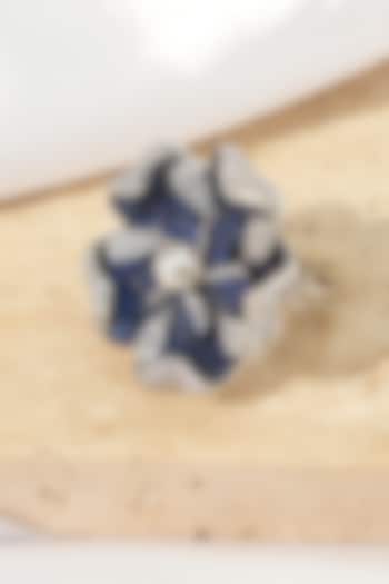 White Rhodium Finish Sapphire Stone & American Diamond Floral Adjustable Ring by Beryachi at Pernia's Pop Up Shop