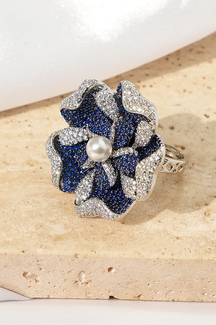 White Rhodium Finish Sapphire Stone & American Diamond Floral Adjustable Ring by Beryachi at Pernia's Pop Up Shop