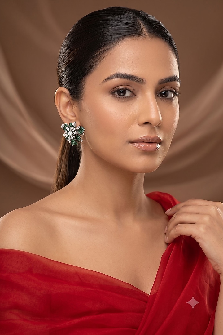 White Rhodium Finish Emerald Stone & American Diamond Stud Earrings by Beryachi at Pernia's Pop Up Shop