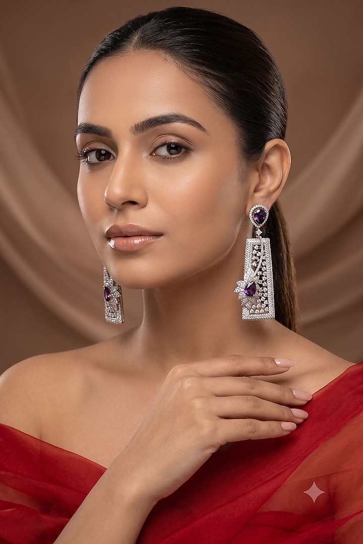 White Rhodium Finish Amethyst Stone & American Diamond Dangler Earrings by Beryachi at Pernia's Pop Up Shop