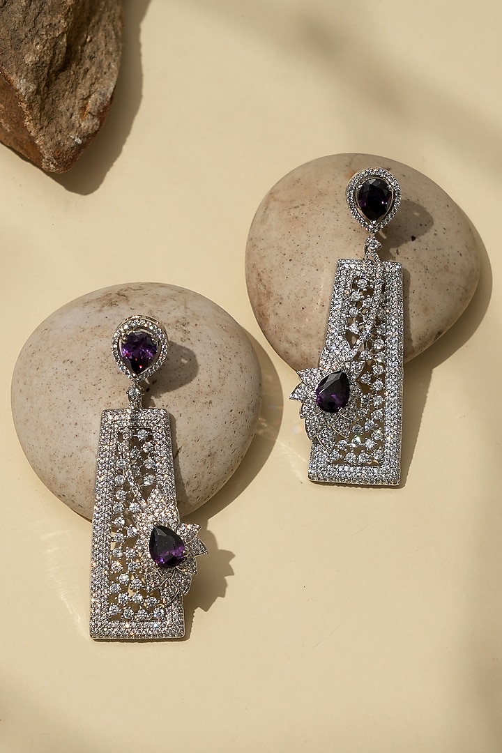 White Rhodium Finish Amethyst Stone & American Diamond Dangler Earrings by Beryachi at Pernia's Pop Up Shop