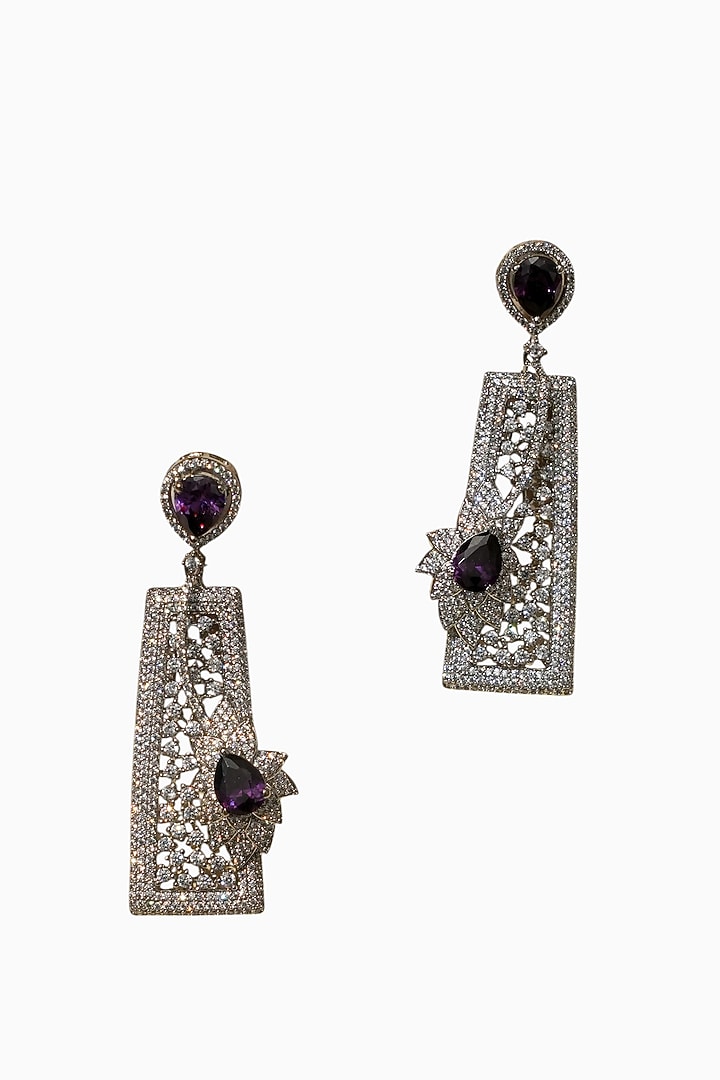 White Rhodium Finish Amethyst Stone & American Diamond Dangler Earrings by Beryachi at Pernia's Pop Up Shop