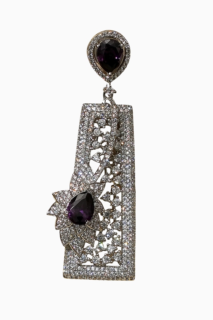 White Rhodium Finish Amethyst Stone & American Diamond Dangler Earrings by Beryachi at Pernia's Pop Up Shop