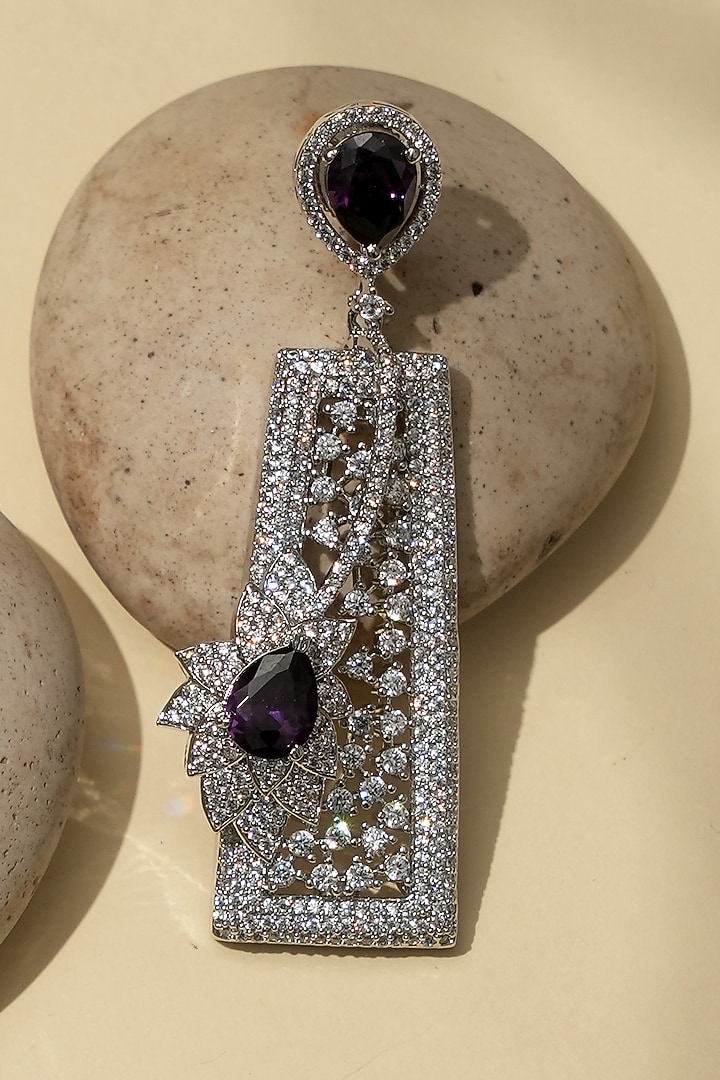 White Rhodium Finish Amethyst Stone & American Diamond Dangler Earrings by Beryachi at Pernia's Pop Up Shop