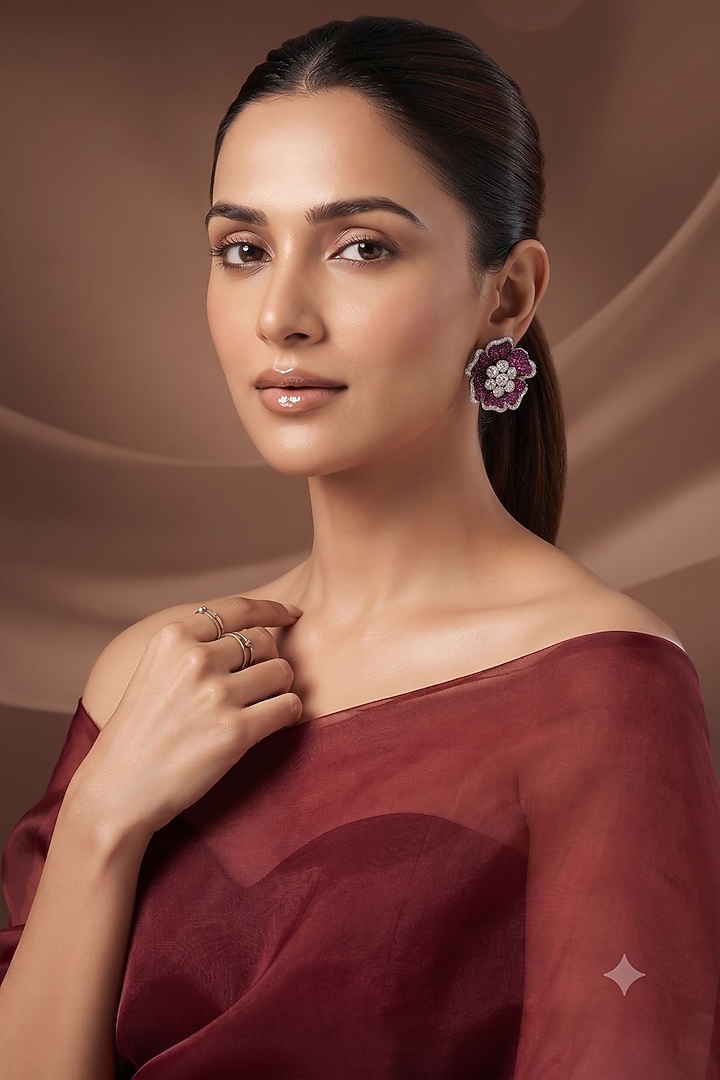 White Rhodium Finish Amethyst Stone & American Diamond Stud Earrings by Beryachi at Pernia's Pop Up Shop