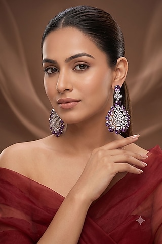 White Rhodium Finish Amethyst Stone & American Diamond Dangler Earrings by Beryachi