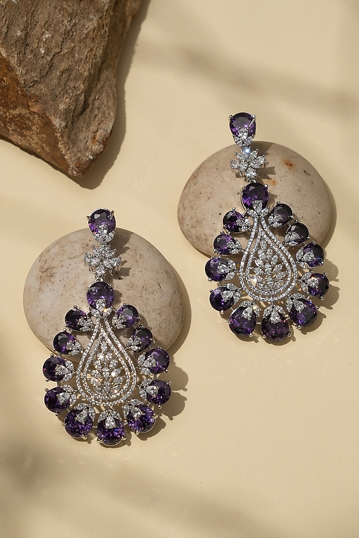 White Rhodium Finish Amethyst Stone & American Diamond Dangler Earrings by Beryachi at Pernia's Pop Up Shop