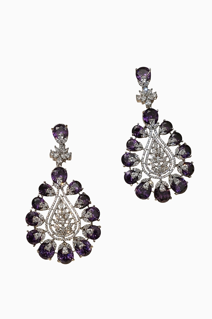 White Rhodium Finish Amethyst Stone & American Diamond Dangler Earrings by Beryachi at Pernia's Pop Up Shop