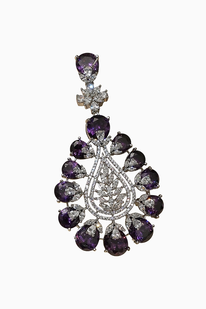 White Rhodium Finish Amethyst Stone & American Diamond Dangler Earrings by Beryachi at Pernia's Pop Up Shop