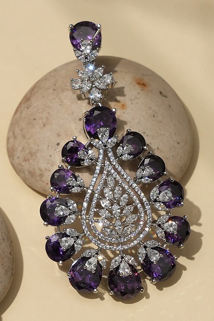 White Rhodium Finish Amethyst Stone & American Diamond Dangler Earrings by Beryachi at Pernia's Pop Up Shop
