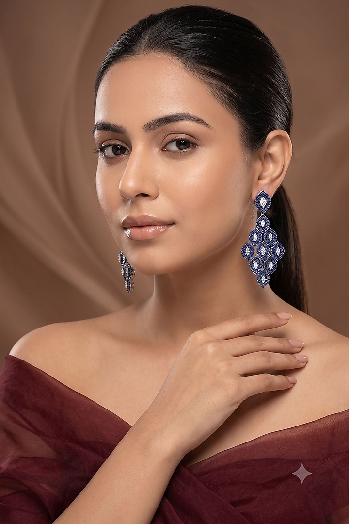 White Rhodium Finish Sapphire Stone & American Diamond Dangler Earrings by Beryachi at Pernia's Pop Up Shop