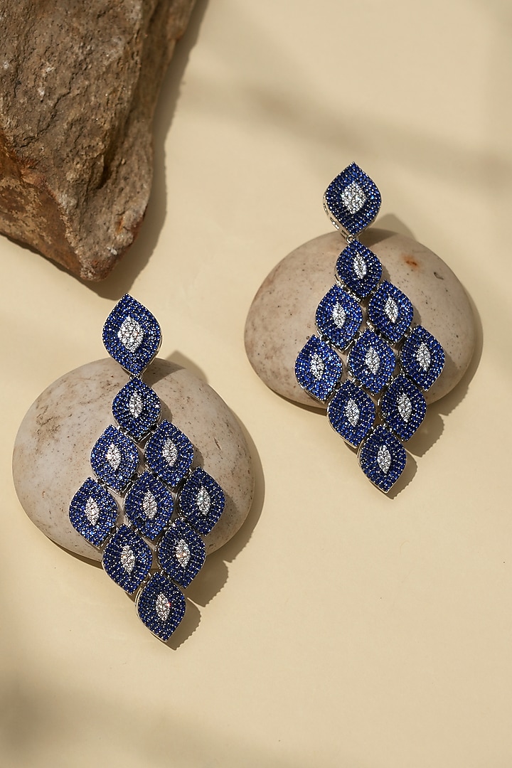 White Rhodium Finish Sapphire Stone & American Diamond Dangler Earrings by Beryachi at Pernia's Pop Up Shop
