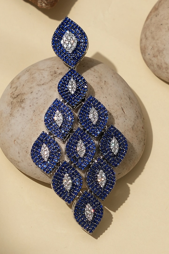 White Rhodium Finish Sapphire Stone & American Diamond Dangler Earrings by Beryachi at Pernia's Pop Up Shop