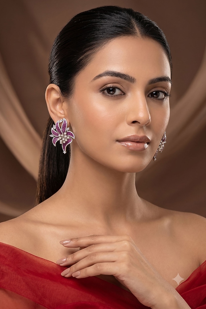 White Rhodium Finish Amethyst Stone & American Diamond Stud Earrings by Beryachi at Pernia's Pop Up Shop