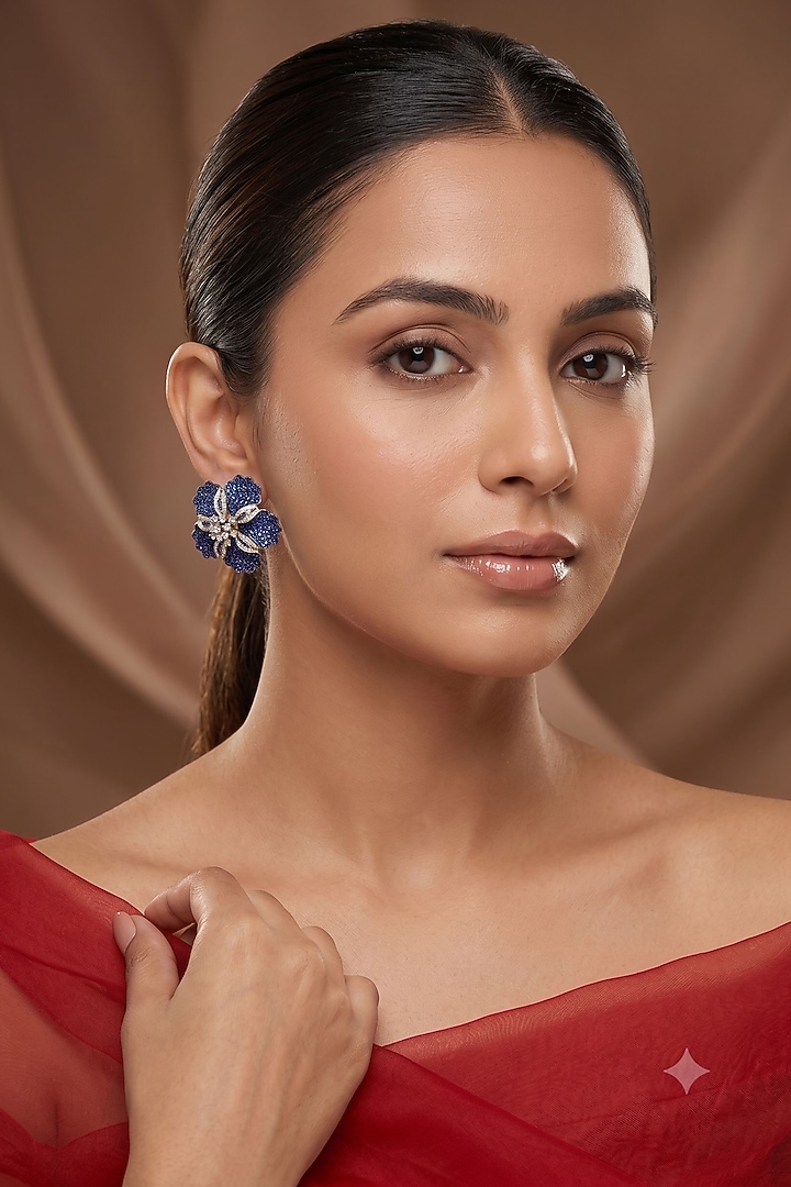 White Rhodium Finish Sapphire Stone & American Diamond Stud Earrings by Beryachi at Pernia's Pop Up Shop