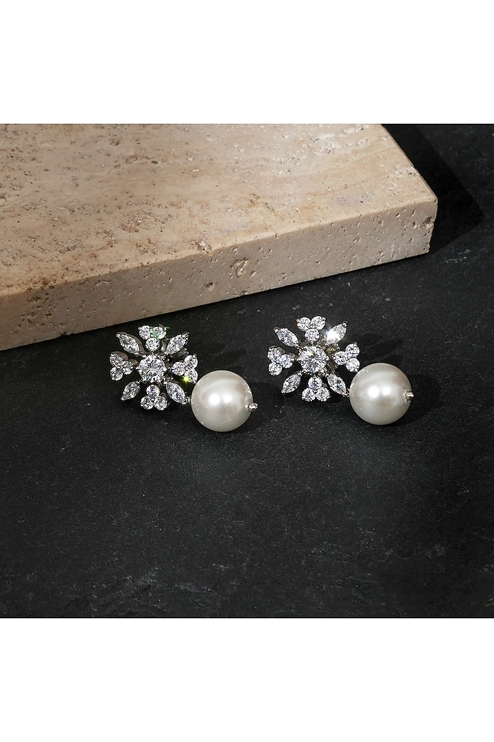 White Finish Zircon & Pearl Floral Drop Earrings by Beryachi at Pernia's Pop Up Shop