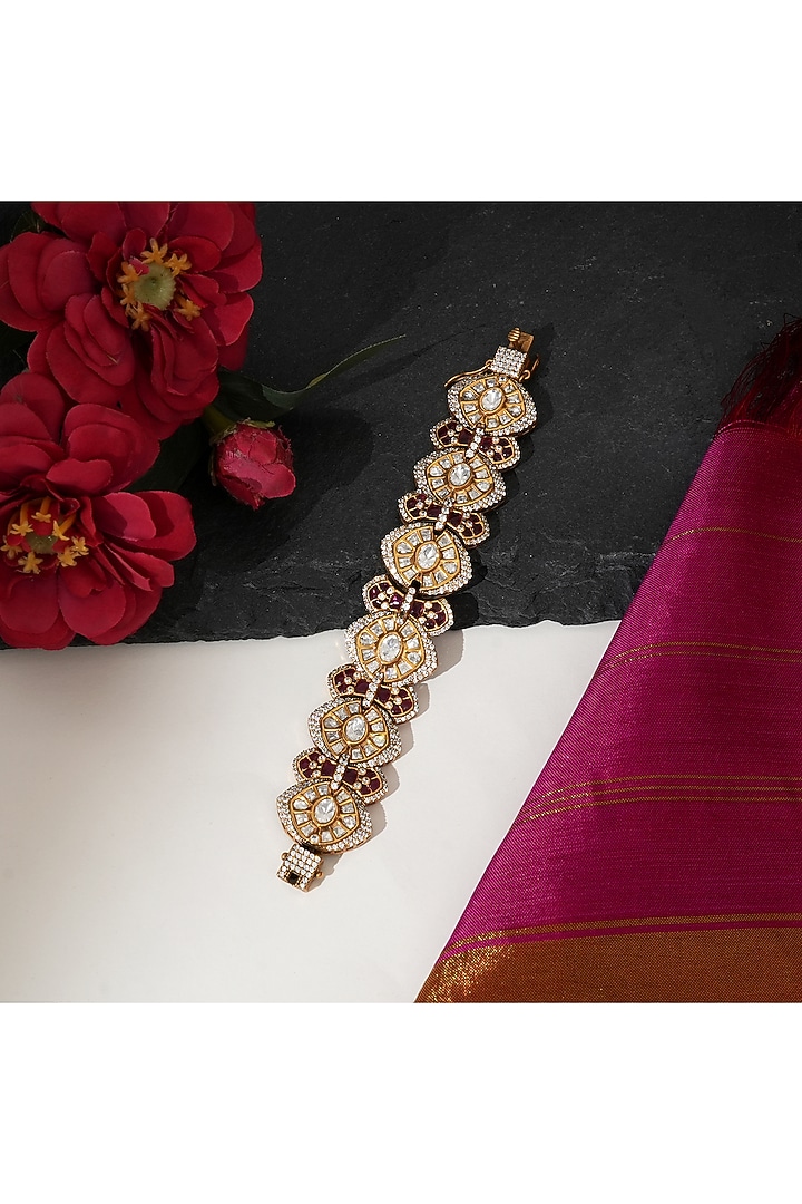 Gold Finish Kundan Polki & Ruby Stone Openable Bracelet by Beryachi at Pernia's Pop Up Shop