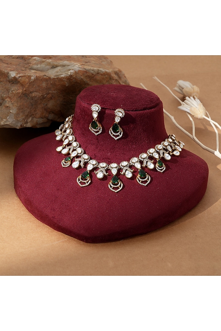Gold Finish Kundan Polki & Emerald Stone Handcrafted Necklace Set by Beryachi at Pernia's Pop Up Shop