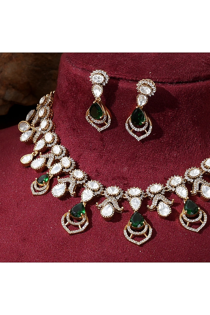 Gold Finish Kundan Polki & Emerald Stone Handcrafted Necklace Set by Beryachi at Pernia's Pop Up Shop