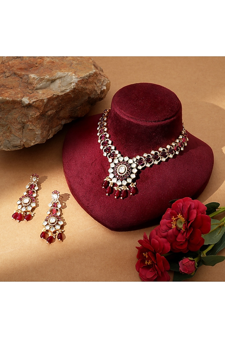 Gold Finish Kundan Polki & Ruby Stone Handcrafted Necklace Set by Beryachi at Pernia's Pop Up Shop