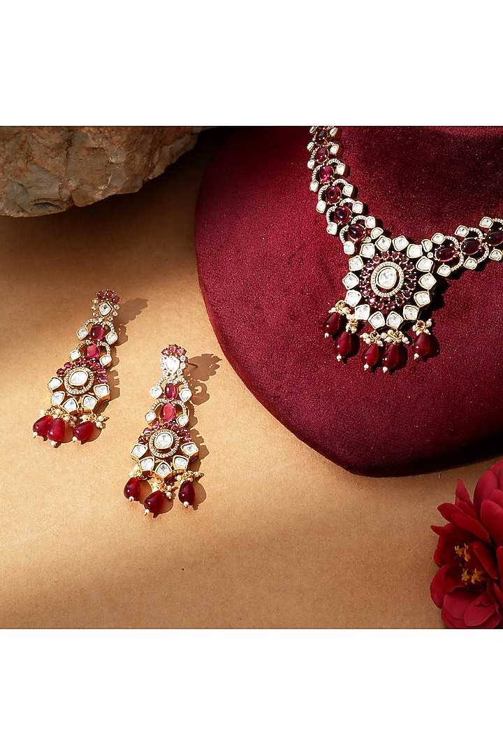 Gold Finish Kundan Polki & Ruby Stone Handcrafted Necklace Set by Beryachi at Pernia's Pop Up Shop
