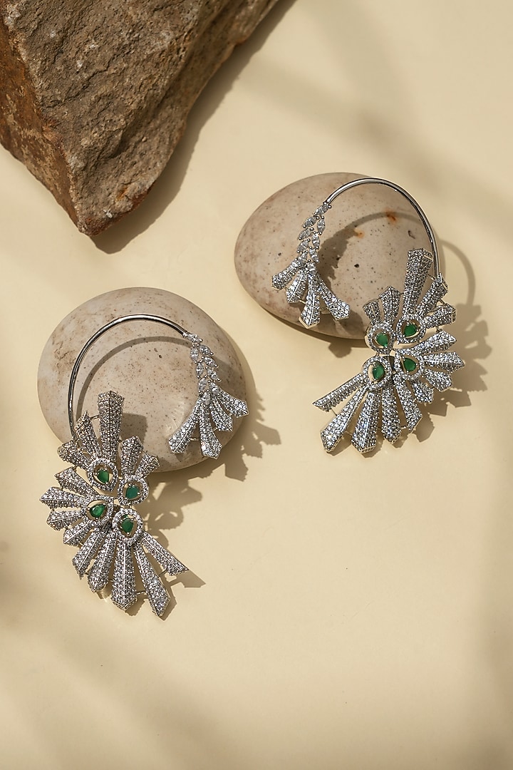 White Rhodium Finish American Diamond & Green Stone Earcuffs by Beryachi at Pernia's Pop Up Shop