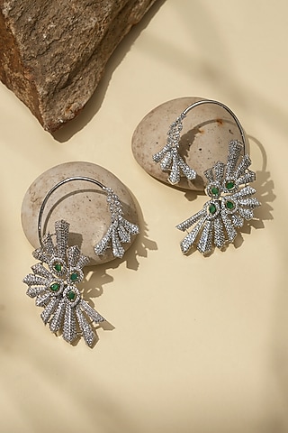White Rhodium Finish American Diamond & Green Stone Earcuffs by Beryachi