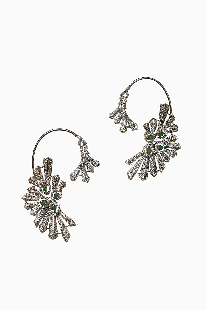 White Rhodium Finish American Diamond & Green Stone Earcuffs by Beryachi at Pernia's Pop Up Shop