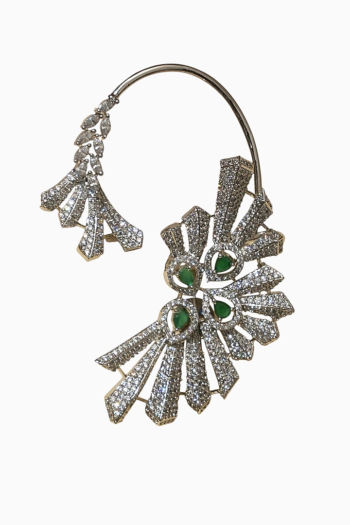 White Rhodium Finish American Diamond & Green Stone Earcuffs by Beryachi at Pernia's Pop Up Shop