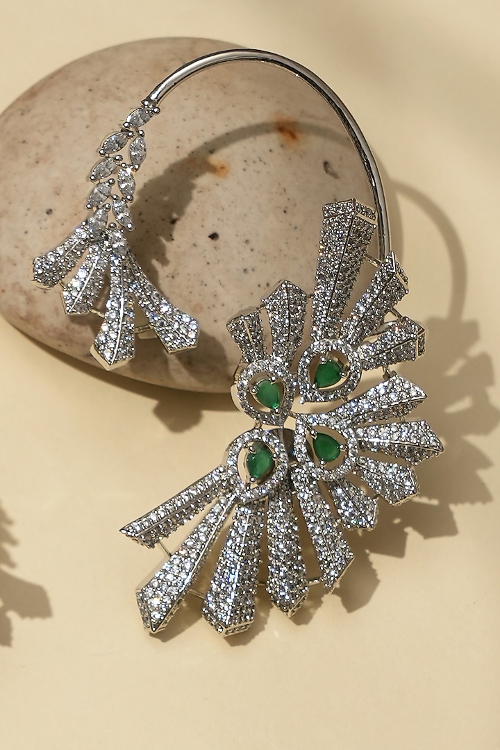 White Rhodium Finish American Diamond & Green Stone Earcuffs by Beryachi at Pernia's Pop Up Shop