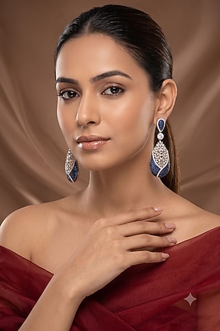 White Rhodium Finish American Diamond & Blue Stone Dangler Earrings by Beryachi