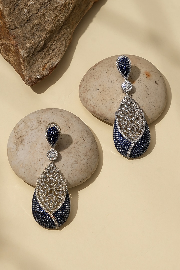 White Rhodium Finish American Diamond & Blue Stone Dangler Earrings by Beryachi at Pernia's Pop Up Shop