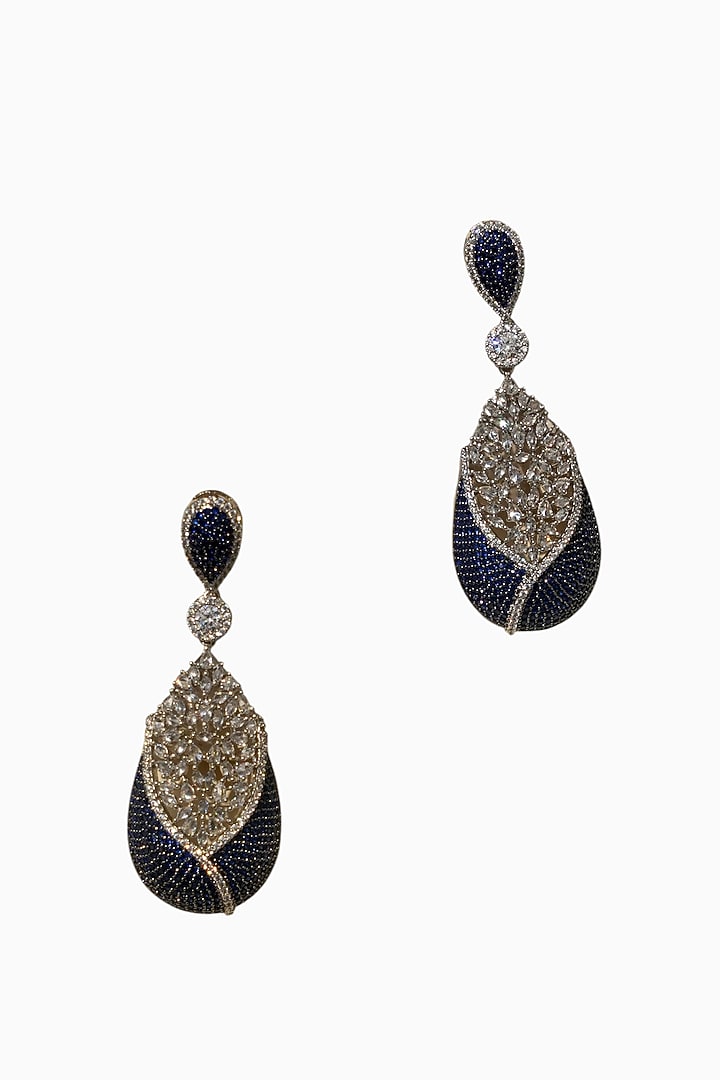 White Rhodium Finish American Diamond & Blue Stone Dangler Earrings by Beryachi at Pernia's Pop Up Shop