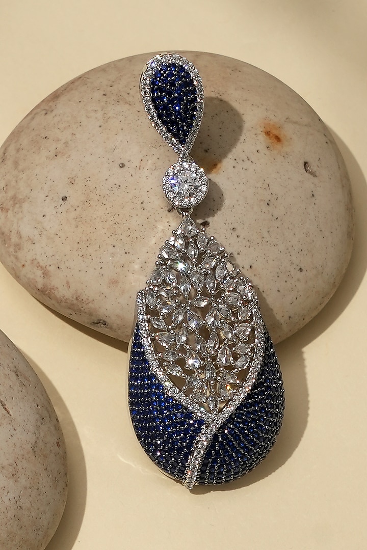 White Rhodium Finish American Diamond & Blue Stone Dangler Earrings by Beryachi at Pernia's Pop Up Shop