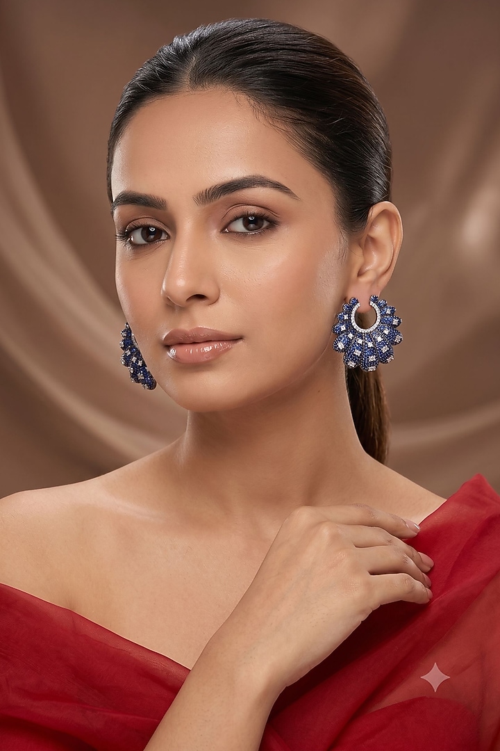 White Rhodium Finish American Diamond & Blue Stone Hoop Earrings by Beryachi at Pernia's Pop Up Shop