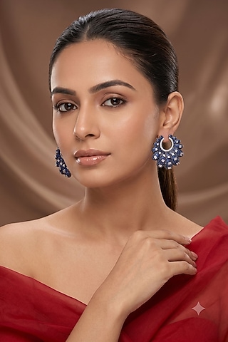 White Rhodium Finish American Diamond & Blue Stone Hoop Earrings by Beryachi