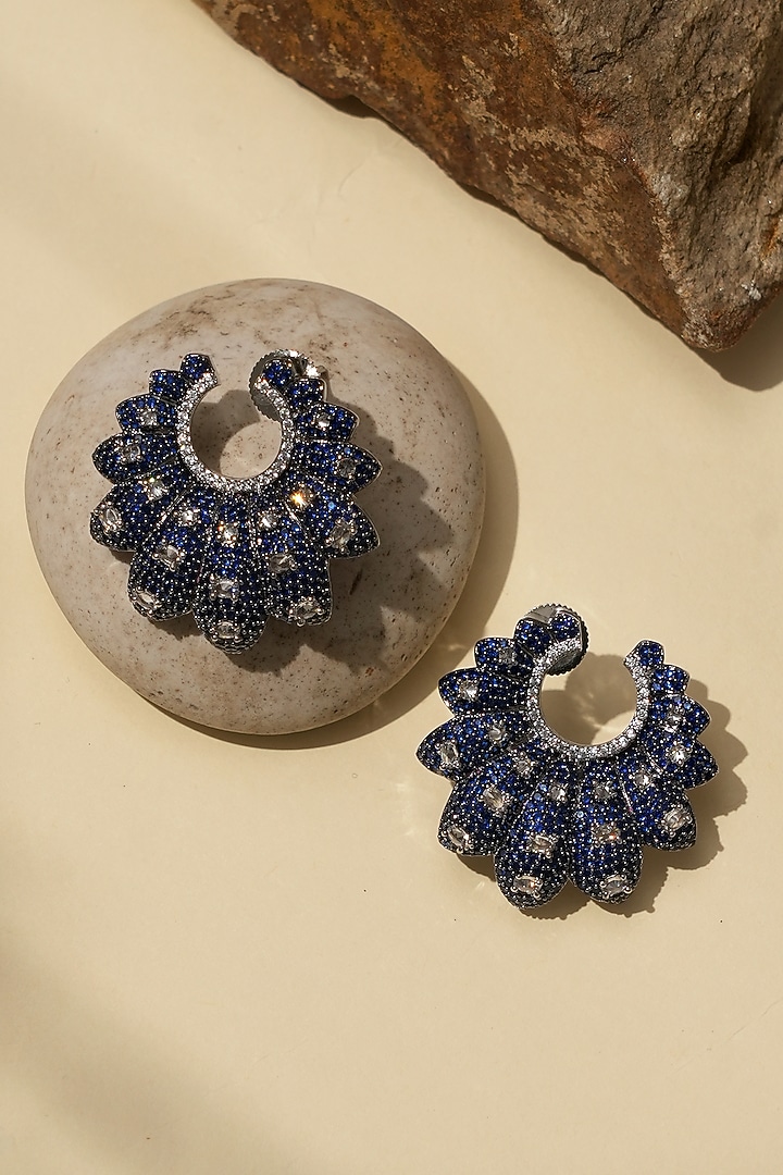 White Rhodium Finish American Diamond & Blue Stone Hoop Earrings by Beryachi at Pernia's Pop Up Shop