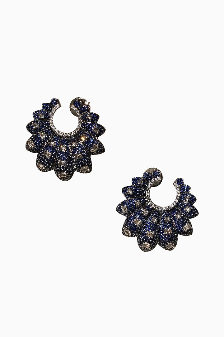 White Rhodium Finish American Diamond & Blue Stone Hoop Earrings by Beryachi at Pernia's Pop Up Shop