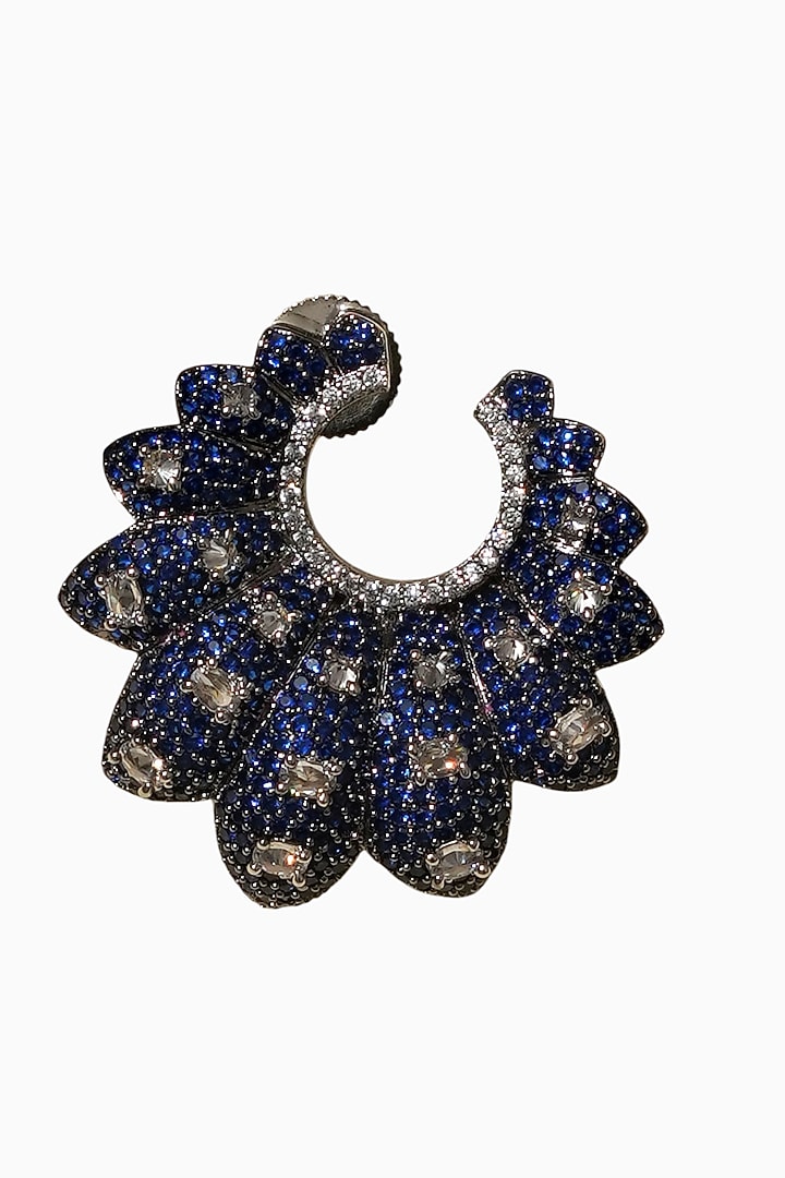 White Rhodium Finish American Diamond & Blue Stone Hoop Earrings by Beryachi at Pernia's Pop Up Shop