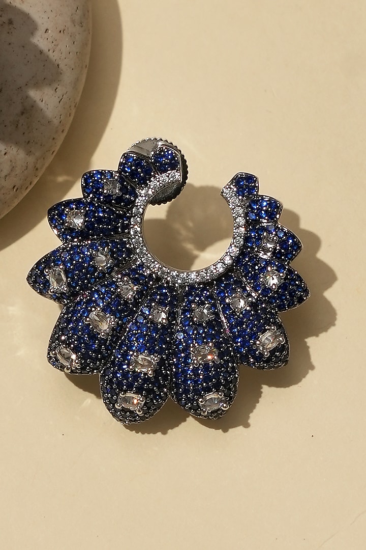 White Rhodium Finish American Diamond & Blue Stone Hoop Earrings by Beryachi at Pernia's Pop Up Shop