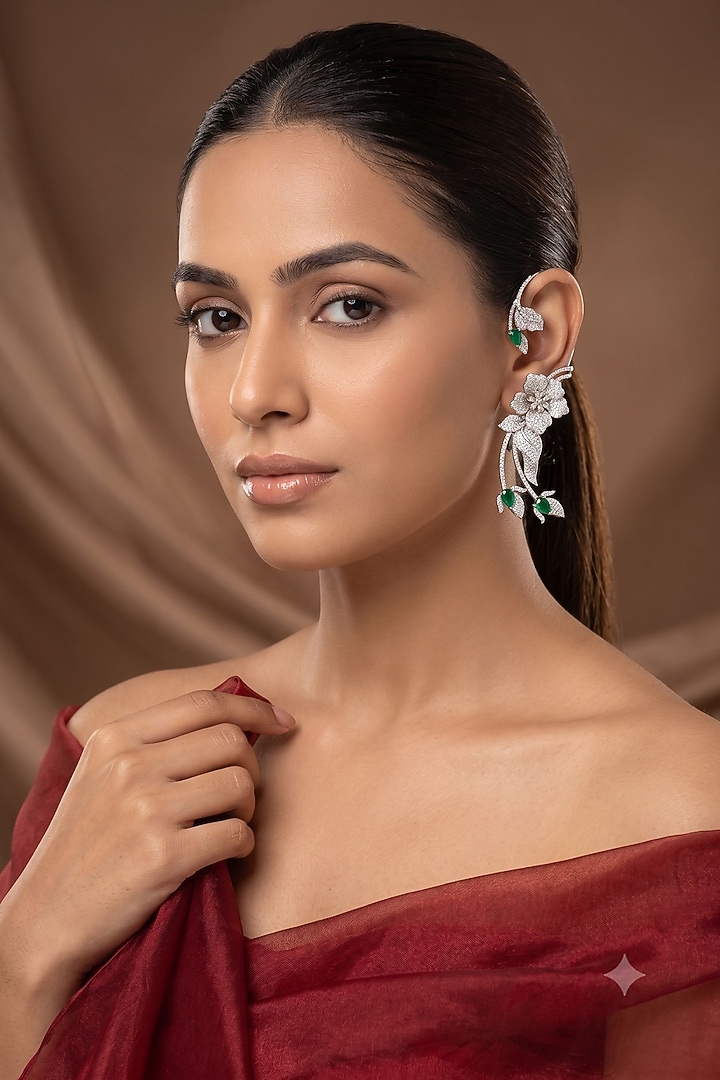 White Rhodium Finish American Diamond & Green Stone Earcuffs by Beryachi at Pernia's Pop Up Shop