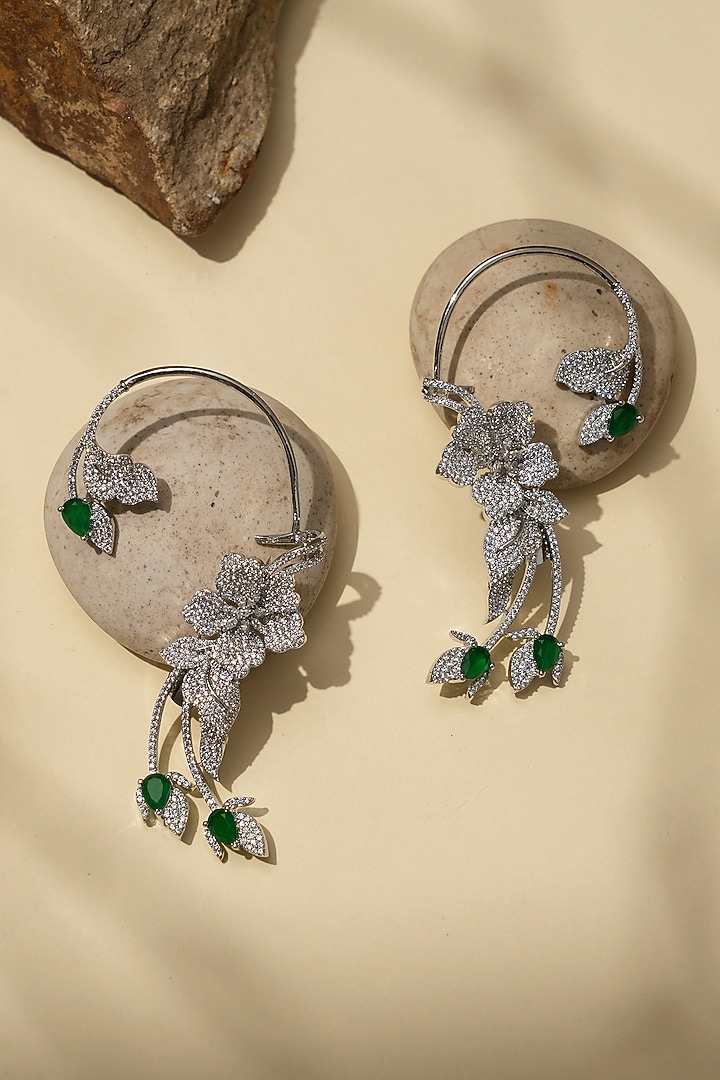 White Rhodium Finish American Diamond & Green Stone Earcuffs by Beryachi at Pernia's Pop Up Shop