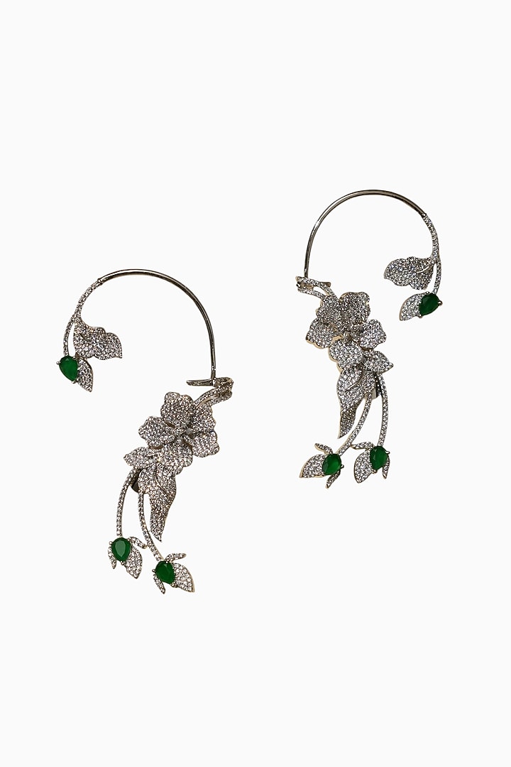 White Rhodium Finish American Diamond & Green Stone Earcuffs by Beryachi at Pernia's Pop Up Shop
