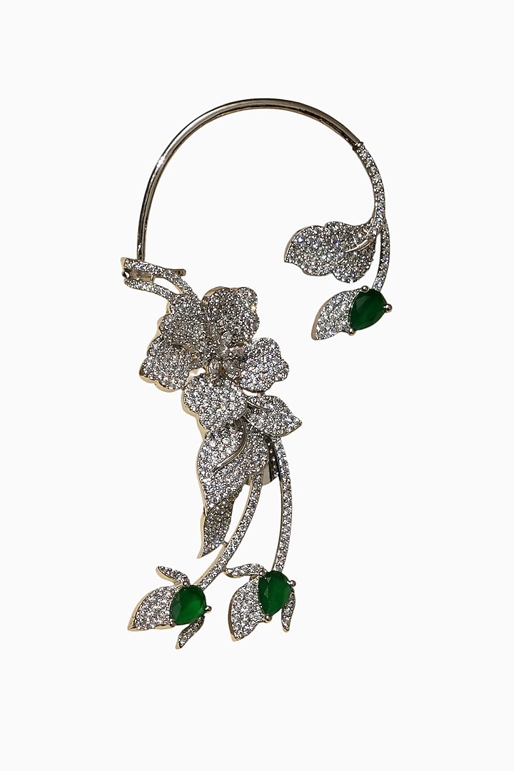 White Rhodium Finish American Diamond & Green Stone Earcuffs by Beryachi at Pernia's Pop Up Shop