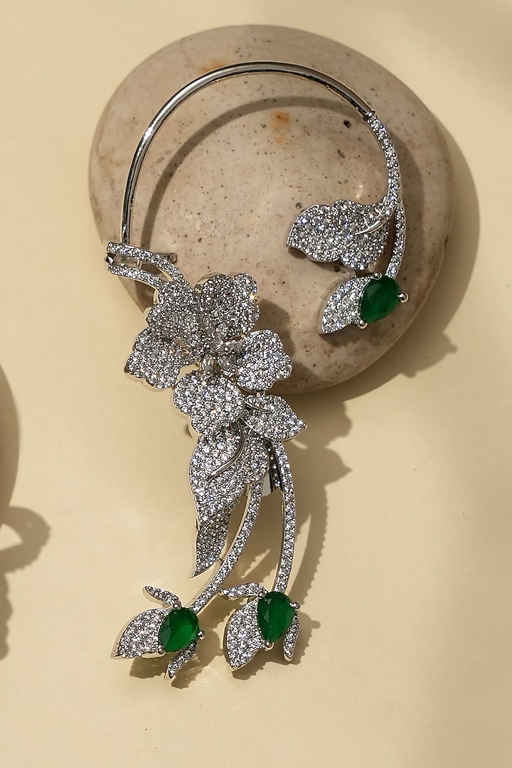 White Rhodium Finish American Diamond & Green Stone Earcuffs by Beryachi at Pernia's Pop Up Shop