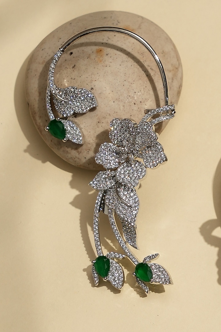 White Rhodium Finish American Diamond & Green Stone Earcuffs by Beryachi at Pernia's Pop Up Shop