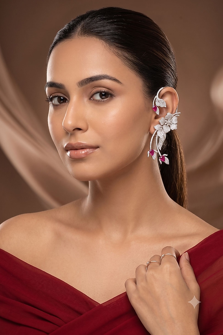 White Rhodium Finish American Diamond & Pink Stone Earcuffs by Beryachi at Pernia's Pop Up Shop