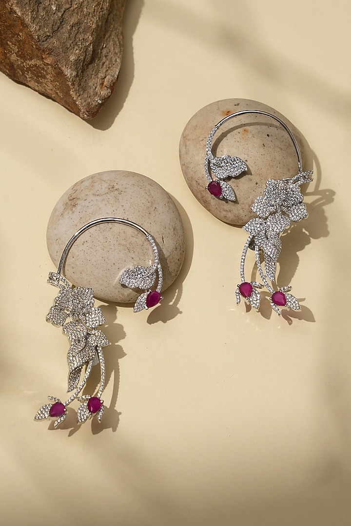 White Rhodium Finish American Diamond & Pink Stone Earcuffs by Beryachi at Pernia's Pop Up Shop