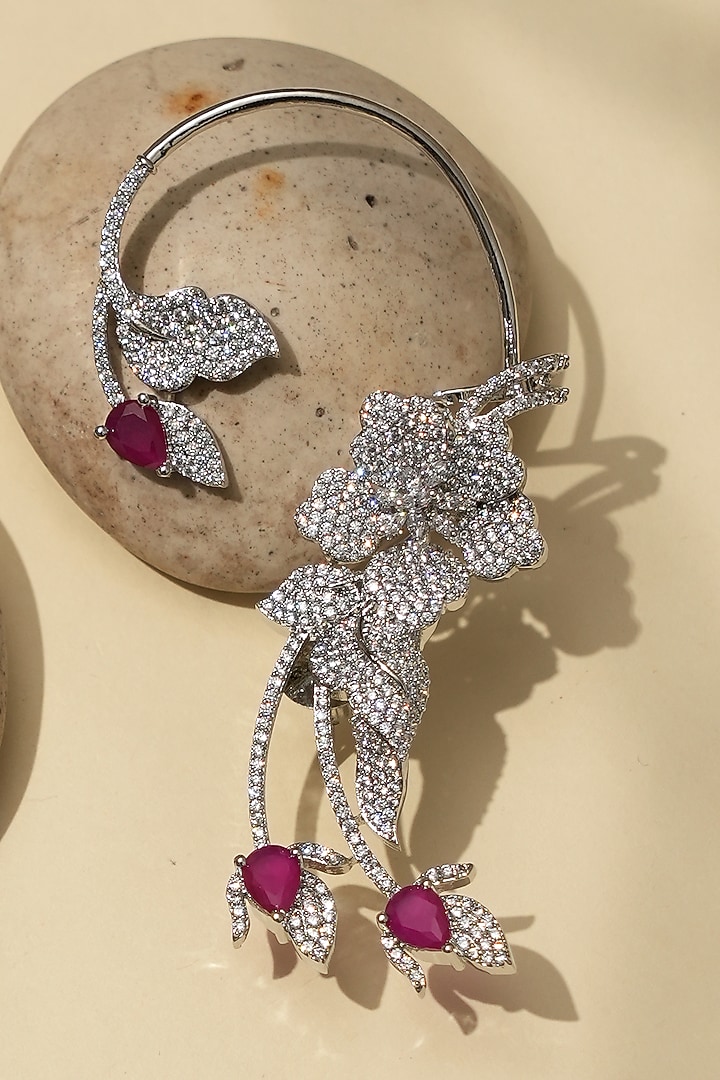 White Rhodium Finish American Diamond & Pink Stone Earcuffs by Beryachi at Pernia's Pop Up Shop