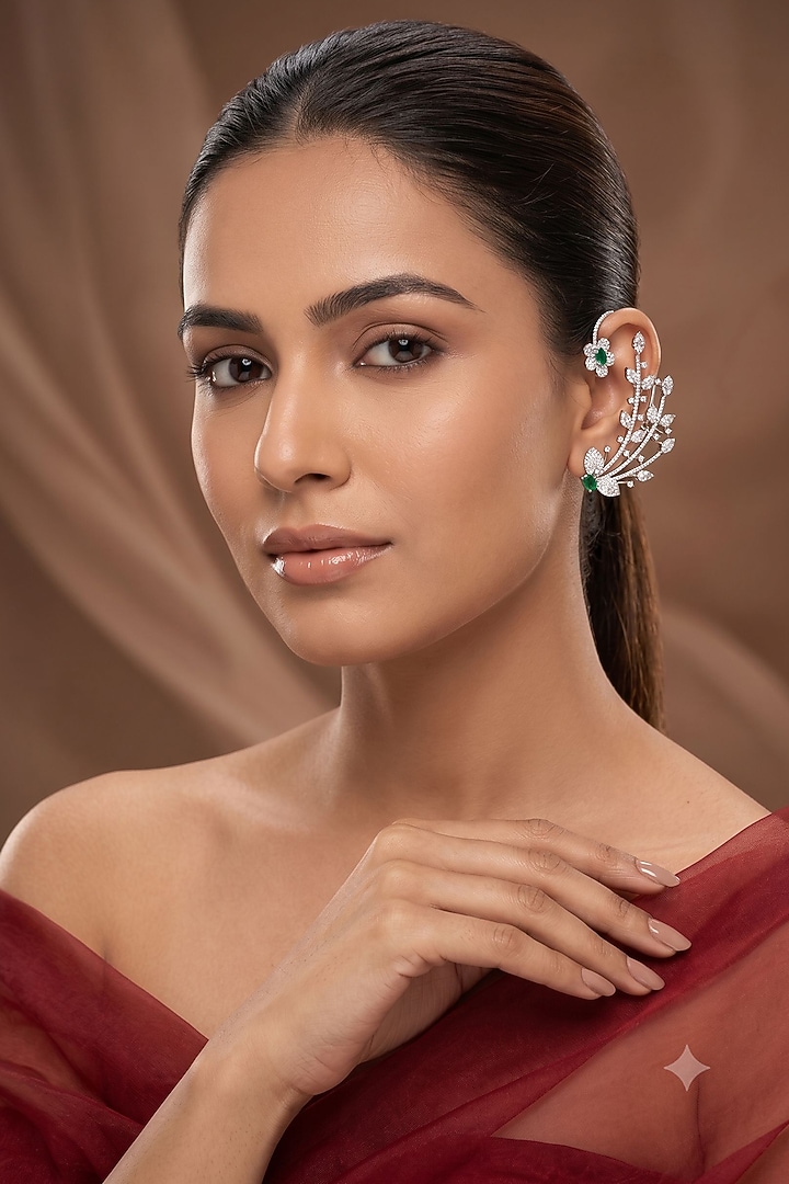 White Rhodium Finish American Diamond & Green Stone Earcuffs by Beryachi at Pernia's Pop Up Shop